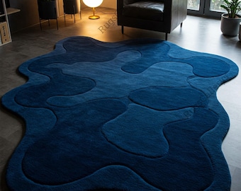 Irregular Blue Abstract Wool Rug, Hand Tufted Modern Custom Area Carpet