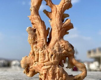 Statua di Shiva e Parvati in corallo rosa naturale, idolo della famiglia Shiva intagliato a mano in radice di corallo con Ganesha Nandi Shivling, decorazione sacra per tempio Mandir.