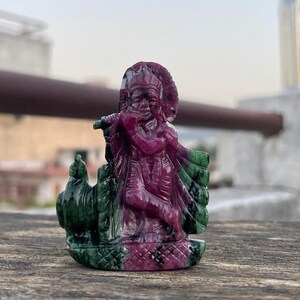 Hand Carved Ruby Zoisite Krishna Statue, Spiritual Home Decor, Statement Figurine