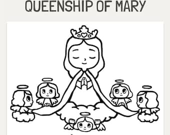 Queenship of Mary Printable Catholic Coloring Page, Coloring Sheet for Children, Virgin Mary Printable Kids Activity, Catholic Saint Project