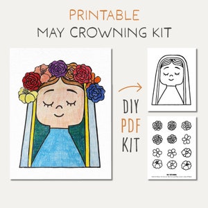 Puede incluir: Kit de coronación de mayo imprimible en PDF para hacer tú mismo. Incluye un contorno en blanco y negro de una mujer con una corona de flores, una hoja separada con contornos de flores para colorear y un ejemplo coloreado del producto terminado.