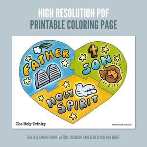 May include: A printable coloring page featuring a heart-shaped puzzle design divided into three sections labeled Father, Son, and Holy Spirit. The Father section includes stone tablets and a rainbow, the Son section has a cross and face, and the Holy Spirit section features a dove. Text includes High Resolution PDF Printable Coloring Page, The Holy Trinity, and builderscraft.etsy.com.