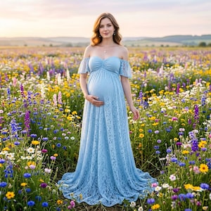 May include: A floor-length, light blue maternity dress featuring an off-the-shoulder neckline with short lace sleeves, a sweetheart bodice with centre ruching, and a full-length skirt crafted from intricate floral lace fabric.