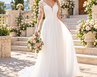 Robe de mariée en dentelle, robe de mariée trapèze, robe de mariée col V, robe de mariée manches longues, robe de mariée romantique, robe de mariée élégante