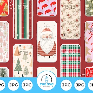 Op de afbeelding: Telefoonachtergronden met feestelijke kerstthema's. Ontwerpen omvatten de kerstman, kerstbomen, zuurstokken en ruitpatronen. De achtergronden worden weergegeven op telefoonschermen tegen een rode achtergrond.
