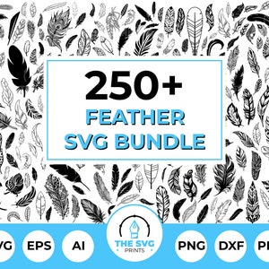 Pacchetto SVG di piume, Boho Feather SVG, Piuma decorativa SVG, Clipart di piume di uccelli, Silhouette di piume, Line Art Svg di piume