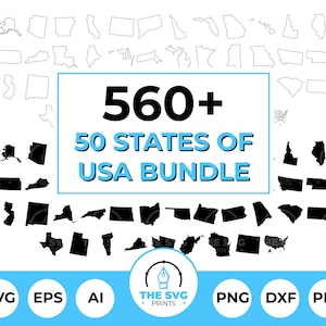 Pacote SVG dos 50 Estados da América - 563 arquivos, SVG dos Estados Americanos, Silhueta do Mapa dos EUA, Contorno dos Estados Americanos