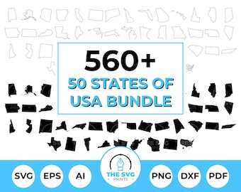 May include: A digital download of 560+ SVG files featuring outlines of all 50 US states. The image shows a variety of black and white state outlines, with the text "560+ 50 STATES OF USA BUNDLE" in large, bold letters. The image also includes the text "SVG EPS AI PNG DXF PDF" in a row of circles.
