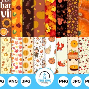 May include: A set of 10 digital paper patterns featuring Thanksgiving themes. The patterns include pumpkins, leaves, turkeys, and other fall elements. The patterns are in a variety of colors, including orange, brown, red, and yellow. The patterns are perfect for creating Thanksgiving crafts, cards, and other projects.
