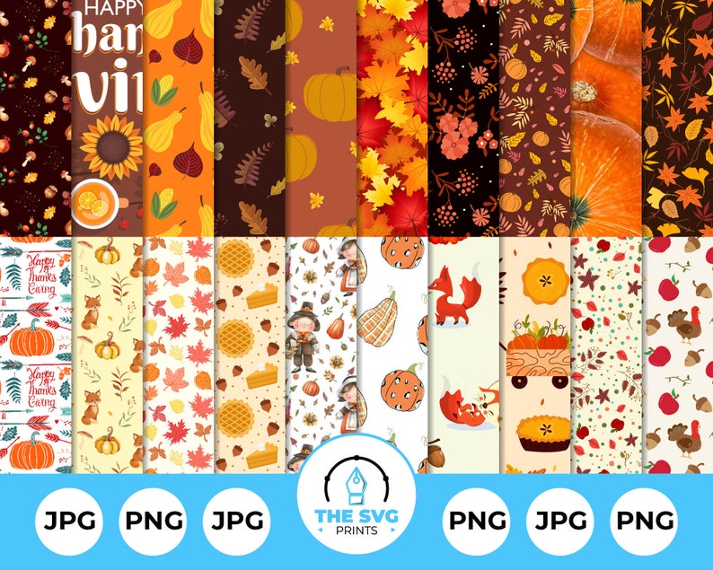 May include: A set of 10 digital paper patterns featuring Thanksgiving themes. The patterns include pumpkins, leaves, turkeys, and other fall elements. The patterns are in a variety of colors, including orange, brown, red, and yellow. The patterns are perfect for creating Thanksgiving crafts, cards, and other projects.