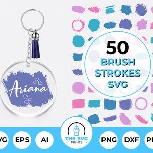 May include: A set of 50 brush stroke SVG files. The image shows a variety of brush strokes in different colors and shapes, including circles, squares, and rectangles. The text "50 Brush Strokes SVG" is displayed in the center of the image.