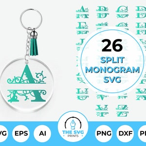 Pacote de Monograma Dividido SVG, Alfabeto Dividido com Videiras, Letras Divididas para Chaveiros, Chaveiro SVG, Chaveiro Redondo Svg, Chaveiros Personalizados