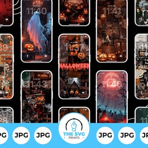 Puede incluir: Una colección de fondos de pantalla para teléfonos con temática de Halloween que se muestran en dispositivos móviles. Los diseños presentan imágenes espeluznantes como fantasmas, calabazas y escenas de cementerios. Cada fondo de pantalla tiene un diseño diferente, con una variedad de colores y estilos.