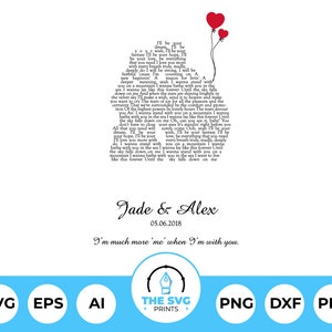 Letras de canciones personalizadas SVG, regalo de canción de boda, primer baile, regalo de aniversario de pareja, regalo para él, regalo para ella, letras en silueta de pareja SVG