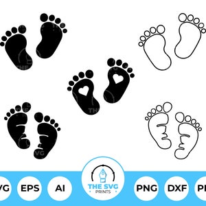 Zestaw Baby Feet SVG - 5 zestawów, Baby Footprint SVG, Baby Feet Line Art, Baby Footprint Silhouette, Baby Foot Impressions, Baby Feet Cut File