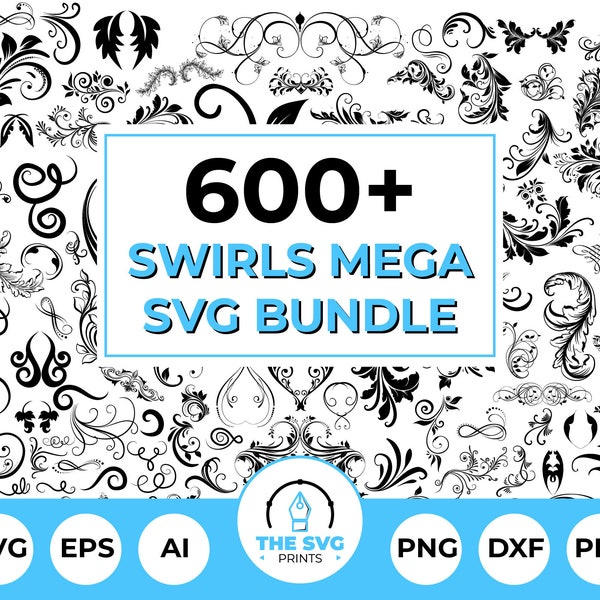 Swirls Mega SVG Bundle - 600+ Designs,  Floral SVG Decorative Elements, Swirl Clipart, Swirl Heart SVG