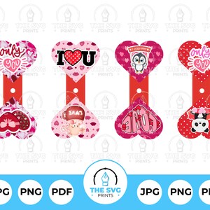 Könnte beinhalten: Eine Sammlung von herzförmigen Designs zum Valentinstag. Jedes Design zeigt eine einzigartige Grafik, darunter die Sätze „Only You“ und „I Love You“ sowie Bilder eines Pinguins, Pandas und Schweins. Die Designs sind in Rot- und Rosatönen gehalten.