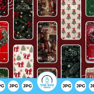 Könnte beinhalten: Eine Sammlung von Smartphone-Hintergründen mit Weihnachtsmotiven. Designs umfassen einen Kranz auf einer roten Tür, einen Nussknacker und Muster aus Schleifen, Mistelzweigen und Weihnachtsbäumen. Jedes Hintergrundbild zeigt die Uhrzeit 6:29 oder 6:30.