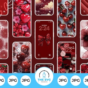 May include: A collection of red phone wallpapers with various designs, including hearts, flowers, cherries, and a bow. Each phone displays the time. The SVG Prints logo is visible at the bottom.