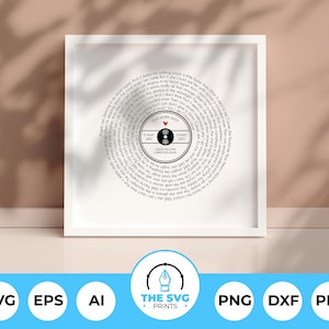 May include: A framed print with a vinyl record design. The circular design contains song lyrics, the title "Crazy in Love," and the artist's name, Christian Kane. The print is in a white frame.