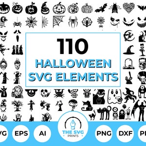 May include: A collection of 110 Halloween SVG elements in black and white. The image includes various spooky icons such as pumpkins, bats, spiders, witches, and ghosts. The text reads "110 Halloween SVG Elements" with file format options.