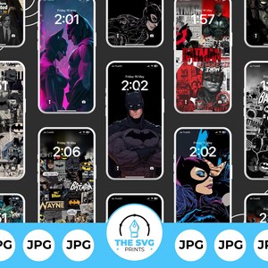 May include: Collection of phone wallpapers featuring Batman and Catwoman illustrations. The designs include various color schemes and styles, with some displaying the time and date. The wallpapers are displayed on a black background.