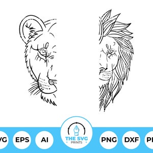 半分のライオンの顔 SVG、ライオンの頭 SVG、動物 SVG、カップルのギフト SVG、記念日のギフト、ライオンの線画 SVG、ライオンのクリップアート、雌ライオンの頭 SVG