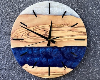 Elegant Handmade Epoxy Clock - Large Wall Decor, Custom Olive Wood Clock, Modern Unique Gift, Resin Art