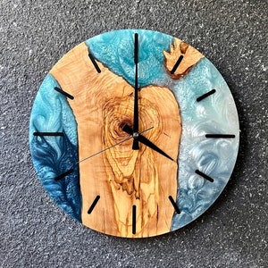 Personalized Epoxy & Olive Wood Wall Clock - Unique Artisan Timepiece, Customizable Design