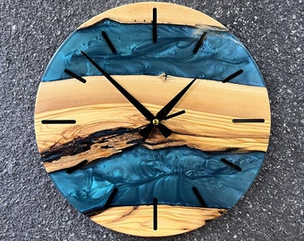 Colorful Epoxy Wall Clock - Handmade Resin & Olive Wood - Unique Gift Idea - Cool Wall Art - Home Decor - Gift for Him/Her