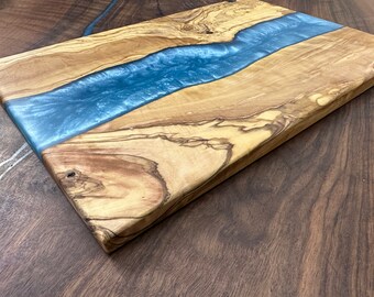 Handcrafted Olive Wood and Epoxy Resin River Design Cutting Board or Serving Tray - Customizable in Any Color and Size