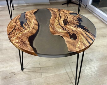 Handmade Round Epoxy Resin Coffee Table - Mid Century Modern River Table, Unique Side End Table