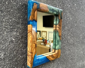 Epoxy Resin & Olive Wood Mirror , Unique Handmade Housewarming gift, Christmas Gift, Wooden Mirror,  Mother's Day Gift