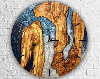 Made-to-Order Resin & Olive Wood Wall Clock - Custom Epoxy Timepiece, Live Edge Rustic Home Decor , Birthday Gift