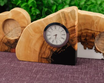 Resin and Olive Wood Clock,Resin and Wooden Tabletop Clock,Epoxy and Olive Wooden Desktop Clock,Epoxy and Olive Wooden Clock,Epoxy Clock