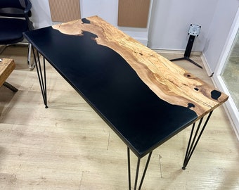 Handcrafted Black Dining Table: Custom Olive Wood & Resin Live Edge Table, 52"x24" - Modern Home Furniture