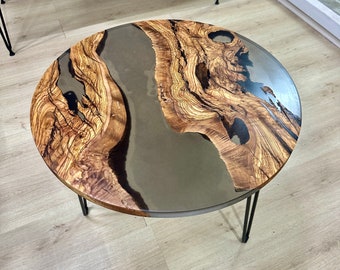 Black Tinted Epoxy Resin Olive Wood Coffee Table  - Mid Century Modern River Table, Unique Side End Table, Mothers Day Gift