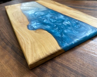 Handmade Wood Cutting Board with White Blue Epoxy, Free Engraving - Ideal Mother's Day Gift!