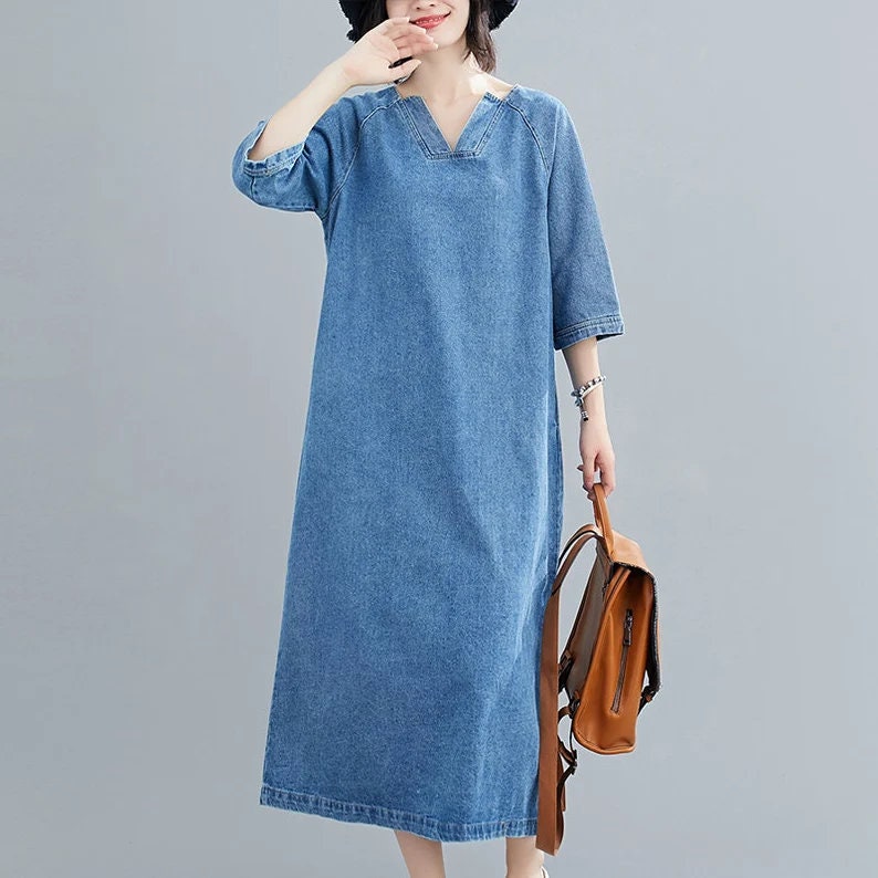 Blue Half-sleeved Denim Dress Woman Autumn Dress V-neck - Etsy