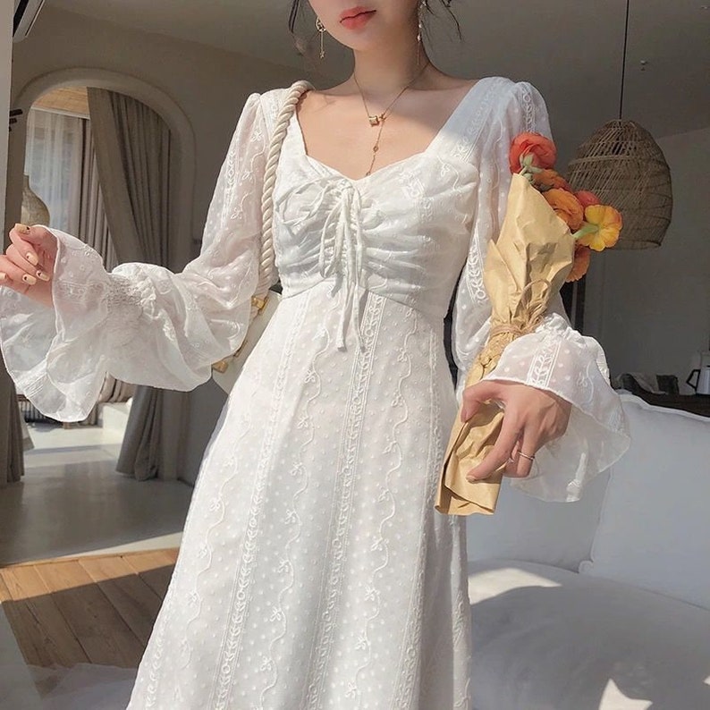 Runaway Cottage Girl Vintage Fairy Dress Elegant Chiffon Long Sleeve French Dress Summer Dress 