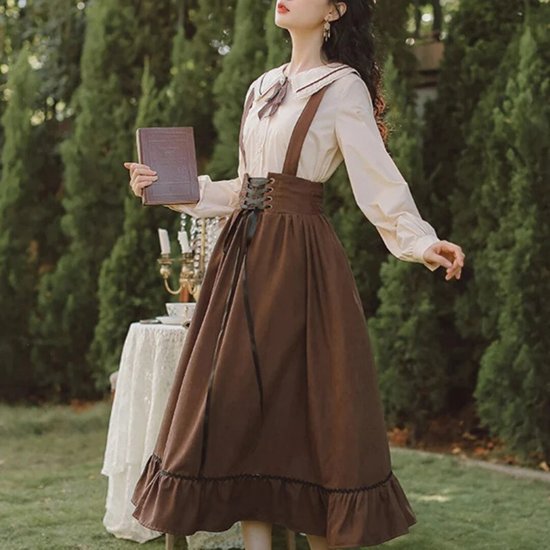 Dark Academia Clothing Long Midi Suspender Renaissance Skirt Etsy