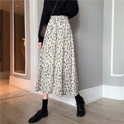 Black and White Flowy Flower Print A-line Long Midi Skirt Maxi - Etsy