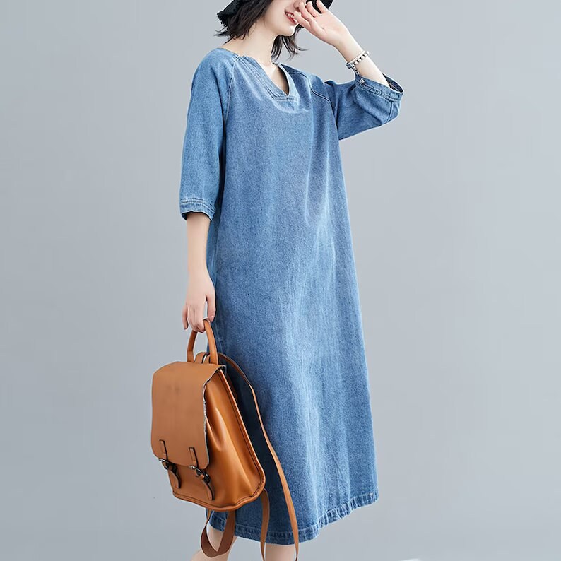 Blue Half-sleeved Denim Dress Woman Autumn Dress V-neck - Etsy