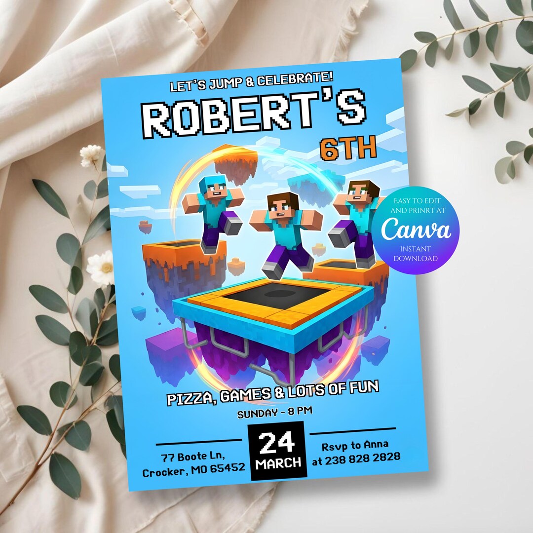 Trampoline Jump Birthday Invitation, Sky Zone Party, Canva Template