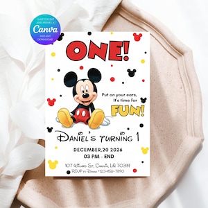 May include: A white invitation card featuring Mickey Mouse, the text "ONE!", and the words "FUN!". The card includes the text "Daniel's Turning 1" and event details. The Canva logo is in the upper left corner.
