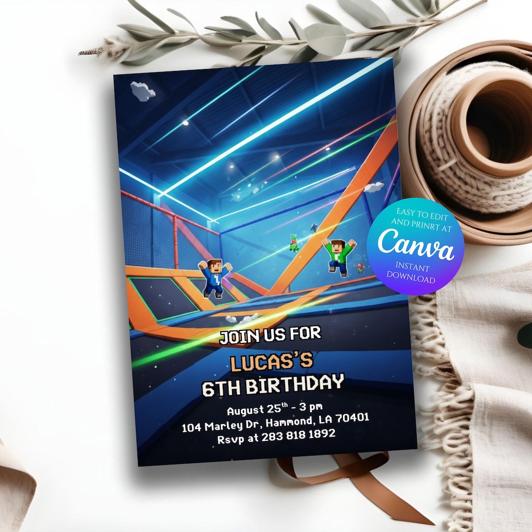 Trampoline Park Birthday Invitation, Sky Zone Party, Editable Canva