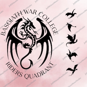 May include: A black dragon emblem with the text "BASGIATH WAR COLLEGE RIDERS QUADRANT" in a circular arrangement. Several smaller dragon silhouettes are also present. The design is set against a pink background.