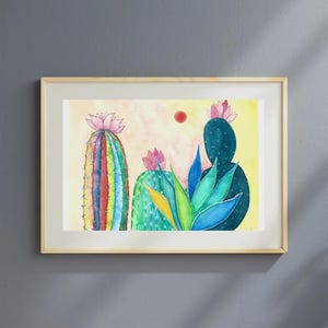 Impresión de cactus horizontal, arte mural, decoración de moda, acuarela moderna, pintado a mano, descarga digital, arte botánico, lámina