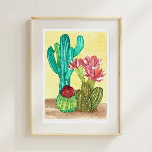 Impresión de cactus en flor, arte mural, decoración de moda, acuarela moderna, pintado a mano, descarga digital, arte botánico, lámina