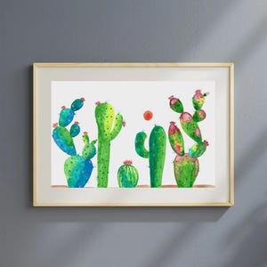 Impresión de cactus horizontal, arte mural, decoración de moda, acuarela moderna, pintado a mano, descarga digital, arte botánico, lámina